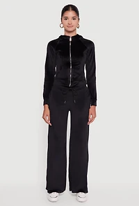 Velour Long Sleeve Solid Zip Front Hoodie