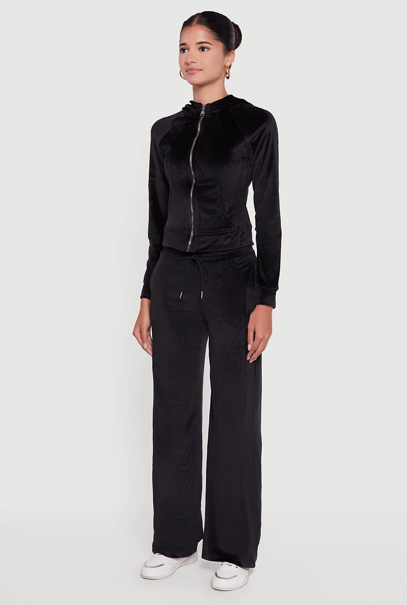 Womens Velour Long Sleeve Solid Zip Front Hoodie, Black, Size S