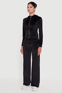Womens Velour Long Sleeve Solid Zip Front Hoodie, Black, Size S