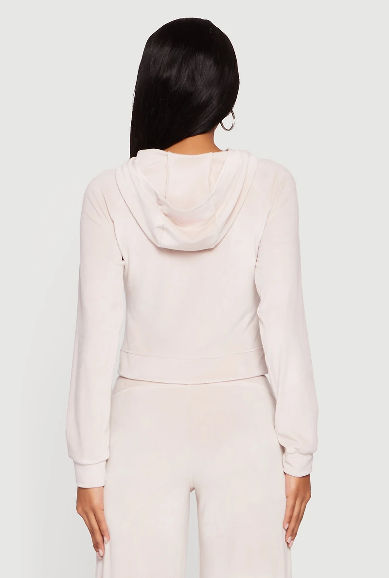 Velour Long Sleeve Solid Zip Front Hoodie