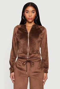 Velour Long Sleeve Solid Zip Front Hoodie