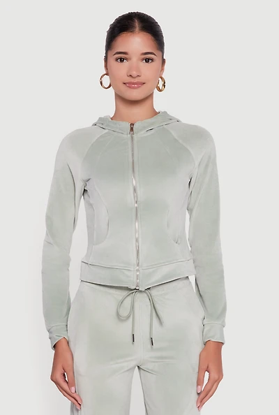 Womens Velour Long Sleeve Solid Zip Front Hoodie,