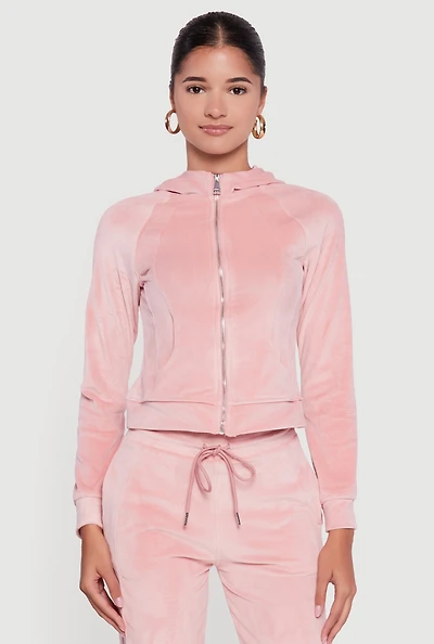 Womens Velour Long Sleeve Solid Zip Front Hoodie, Pink, Size L