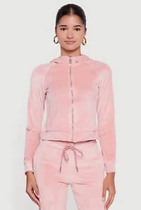 Womens Velour Long Sleeve Solid Zip Front Hoodie, Pink, Size L
