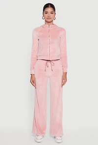 Womens Velour Long Sleeve Solid Zip Front Hoodie, Pink, Size L