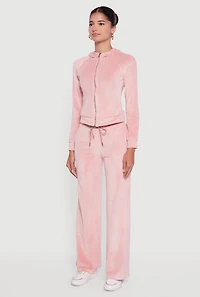 Womens Velour Long Sleeve Solid Zip Front Hoodie, Pink, Size L