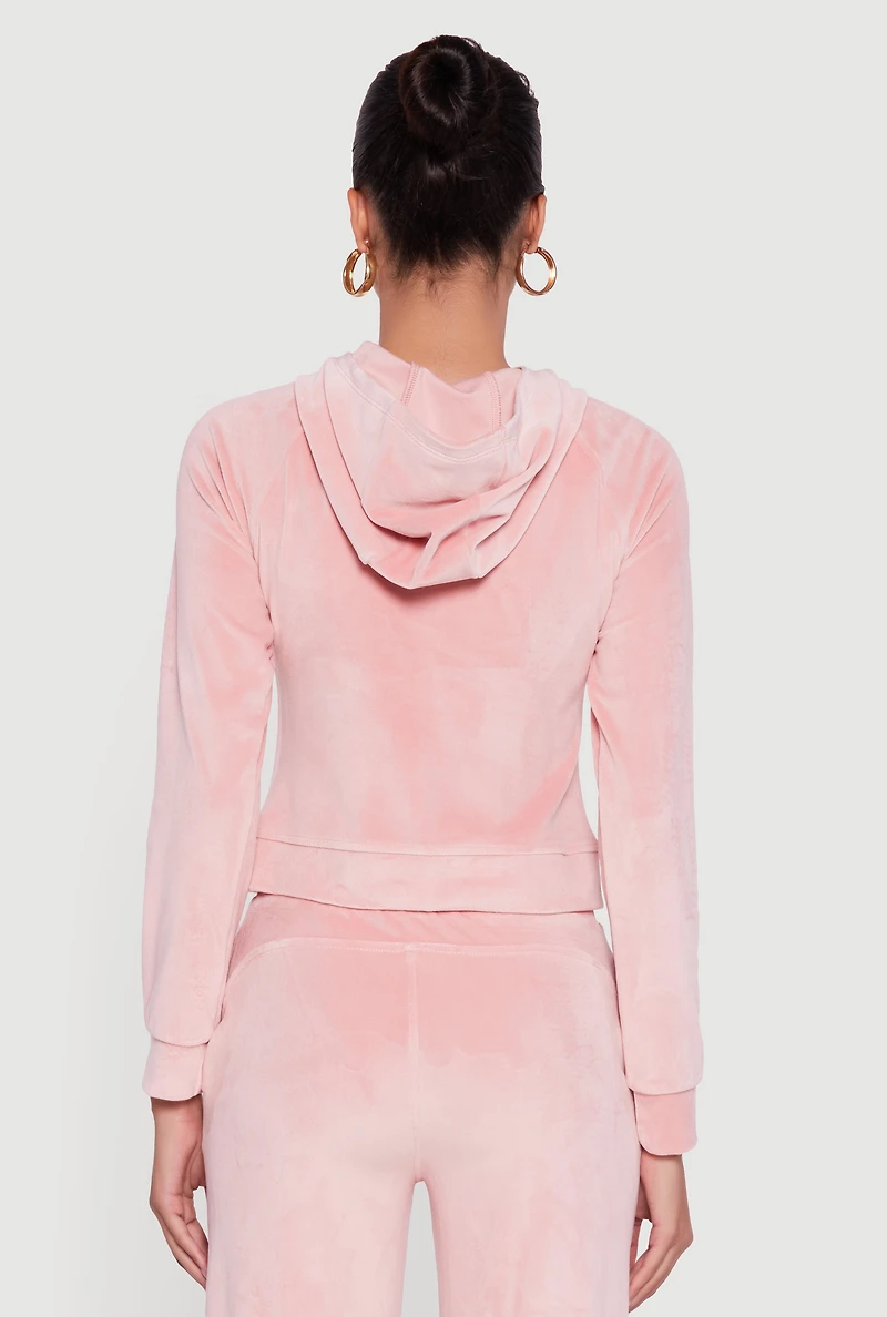 Womens Velour Long Sleeve Solid Zip Front Hoodie, Pink, Size L