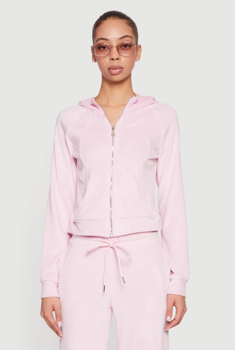 Velour Long Sleeve Solid Zip Front Hoodie