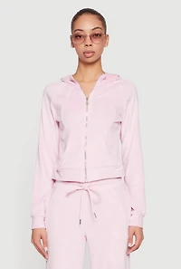 Velour Long Sleeve Solid Zip Front Hoodie