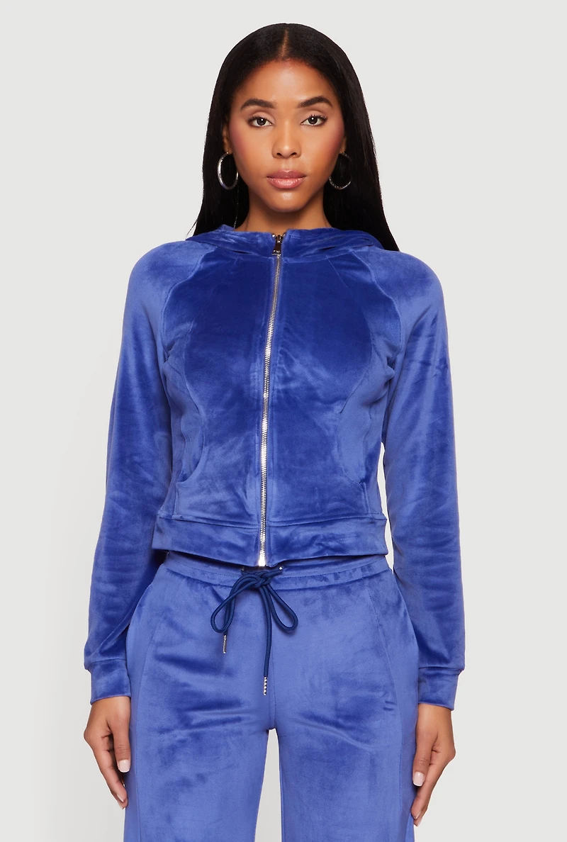 Velour Long Sleeve Solid Zip Front Hoodie