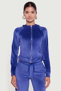 Womens Velour Long Sleeve Solid Zip Front Hoodie,