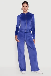 Womens Velour Long Sleeve Solid Zip Front Hoodie,