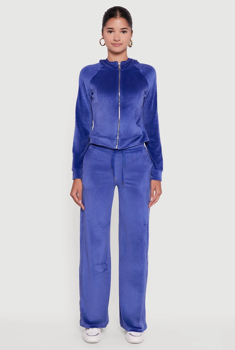 Womens Velour Long Sleeve Solid Zip Front Hoodie,