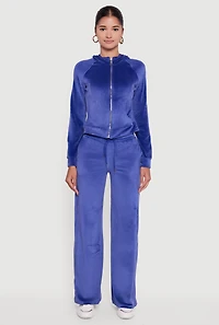 Womens Velour Long Sleeve Solid Zip Front Hoodie,