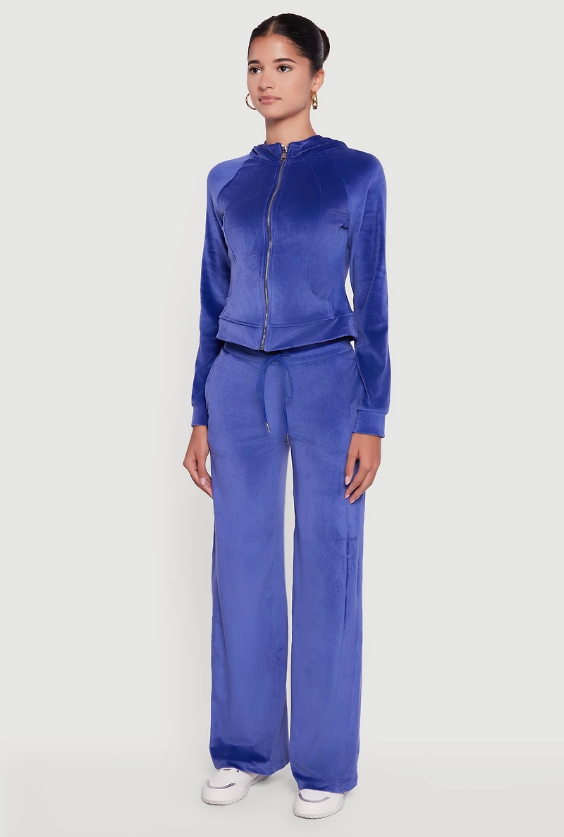 Womens Velour Long Sleeve Solid Zip Front Hoodie,