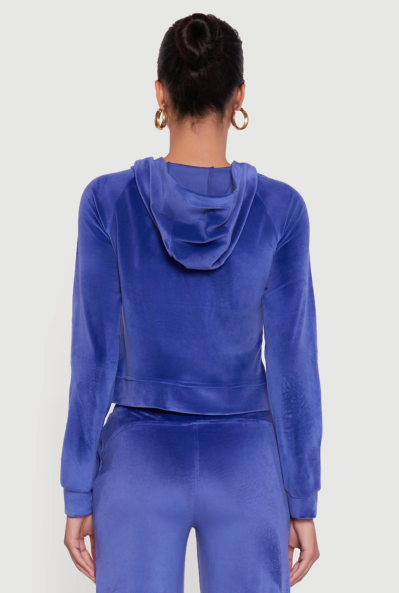 Womens Velour Long Sleeve Solid Zip Front Hoodie,