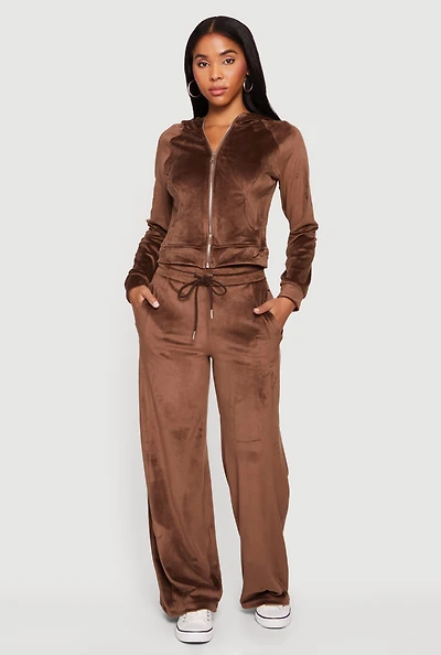 Womens Mid Rise Velour Wide Leg Sweatpants,