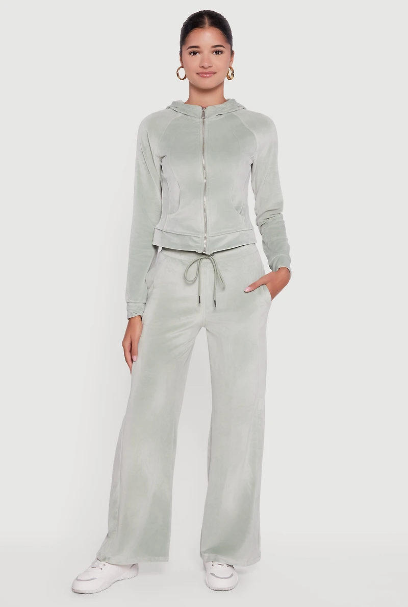 Womens Mid Rise Velour Wide Leg Sweatpants, Green,