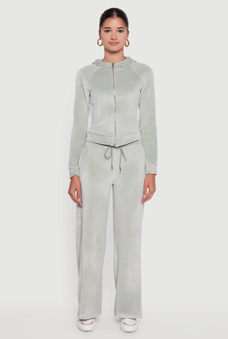 Womens Mid Rise Velour Wide Leg Sweatpants, Green,