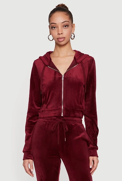 Velour Zip Front Long Sleeve Hoodie