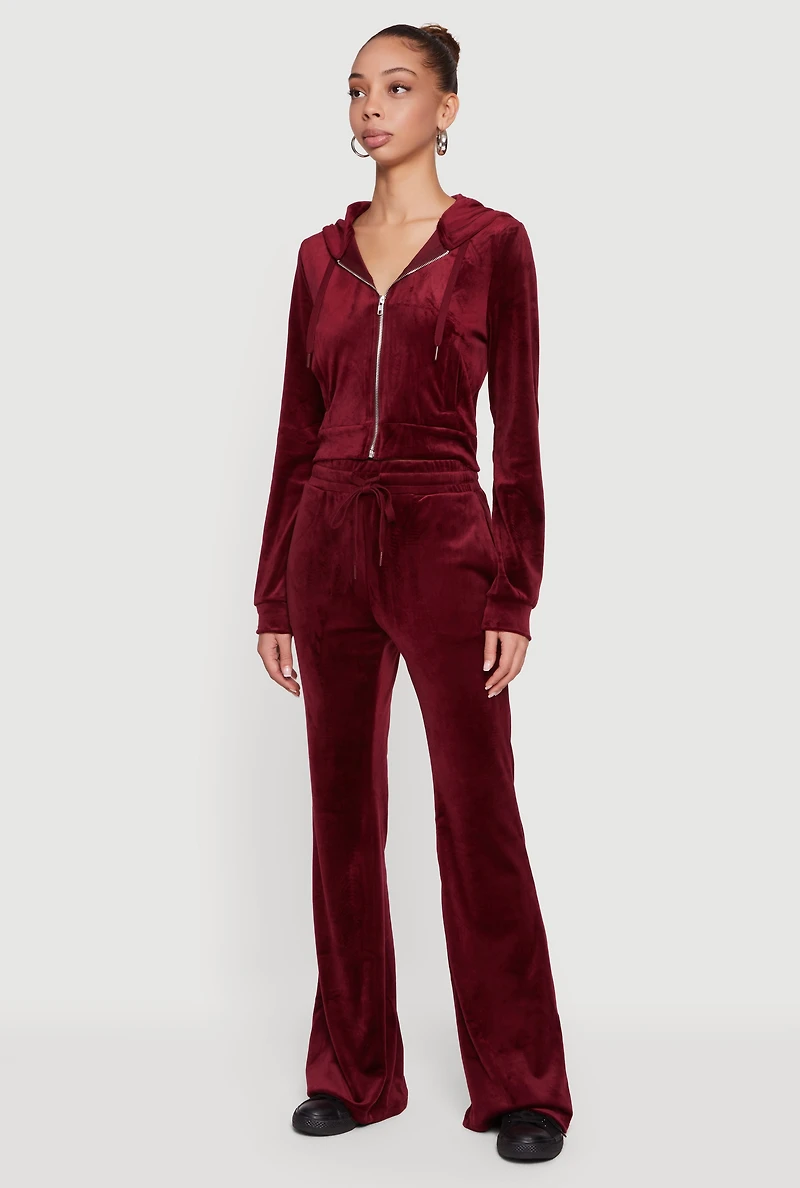 Velour Zip Front Long Sleeve Hoodie