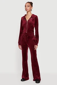 Velour Zip Front Long Sleeve Hoodie