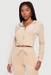 Velour Zip Front Long Sleeve Hoodie