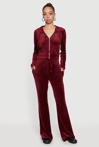 Drawstring High Waisted Velour Flare Leg Sweatpants