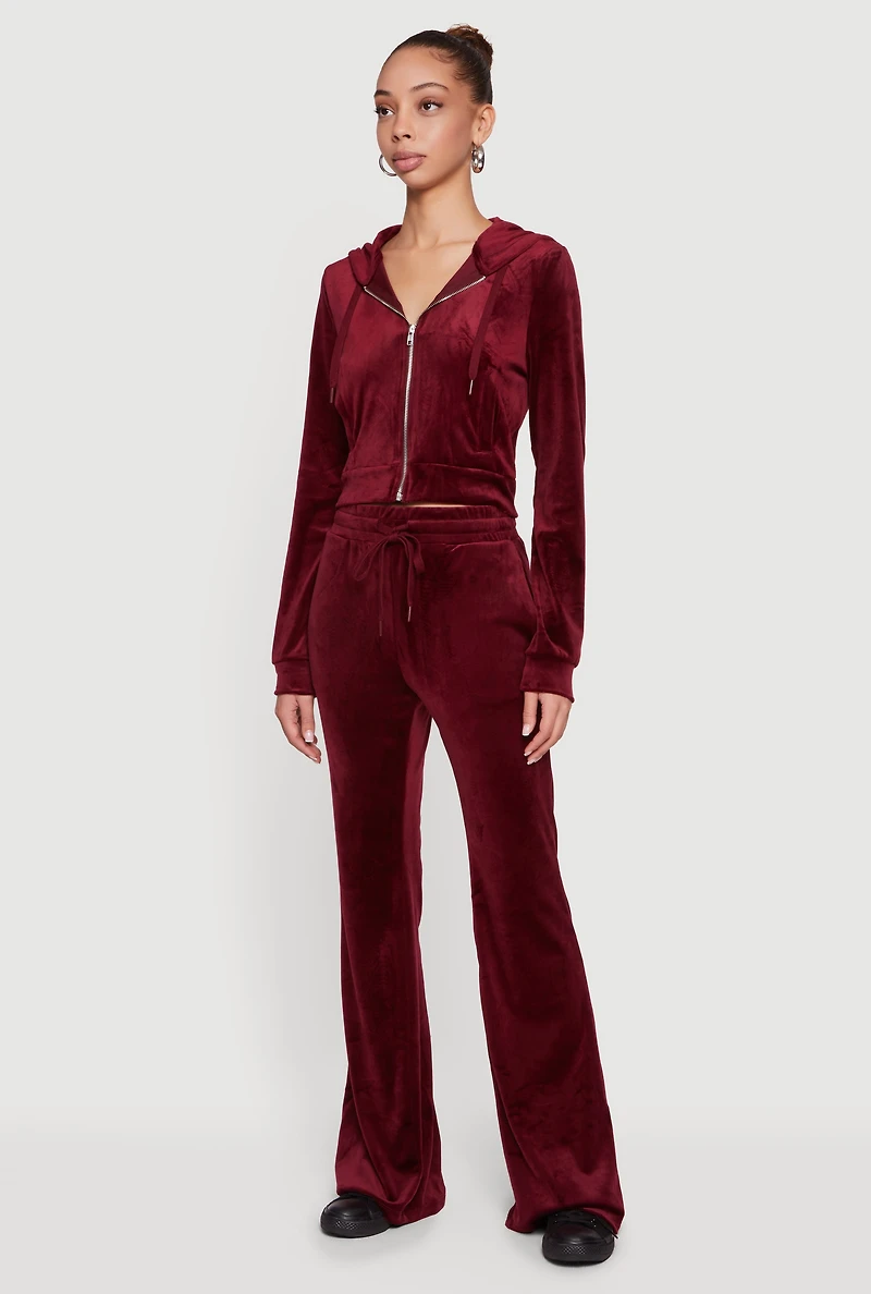 Drawstring High Waisted Velour Flare Leg Sweatpants