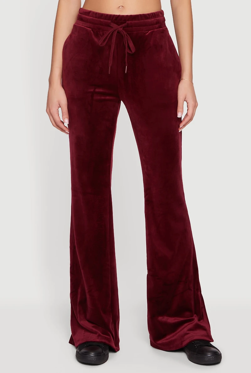 Drawstring High Waisted Velour Flare Leg Sweatpants