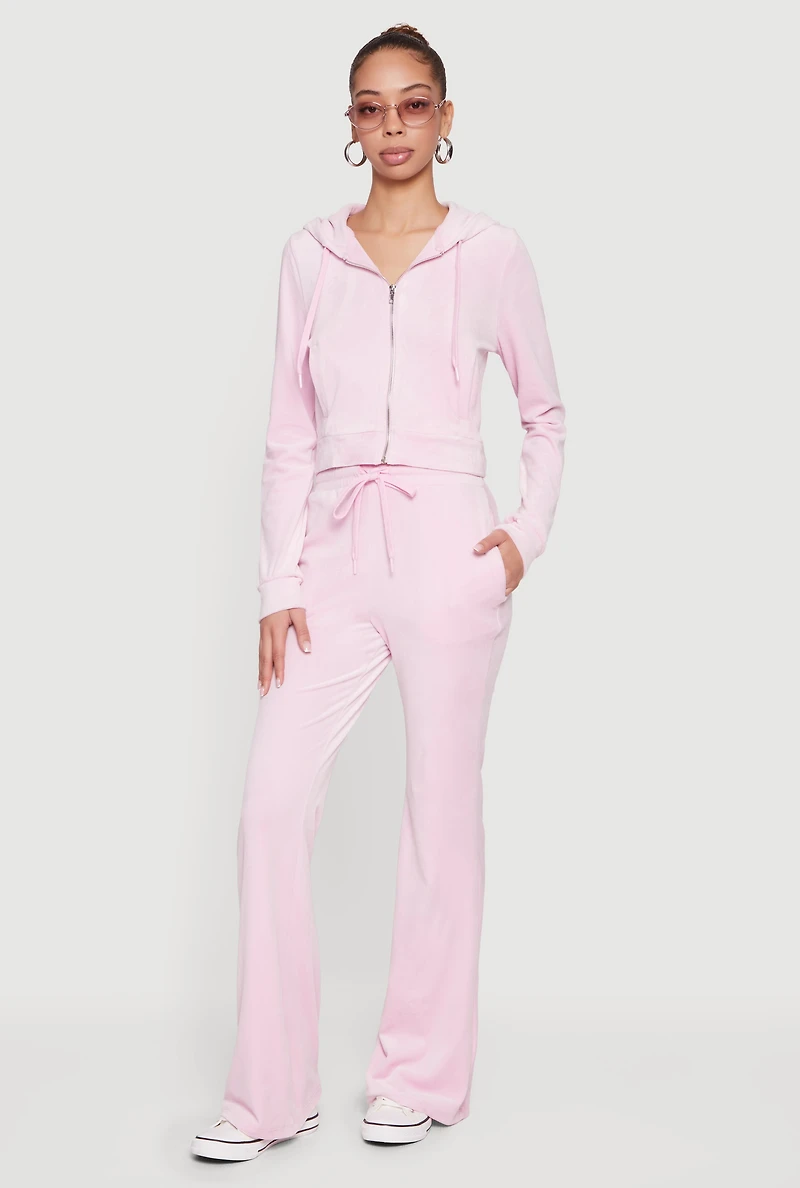 Drawstring High Waisted Velour Flare Leg Sweatpants