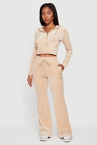 Drawstring High Waisted Velour Flare Leg Sweatpants