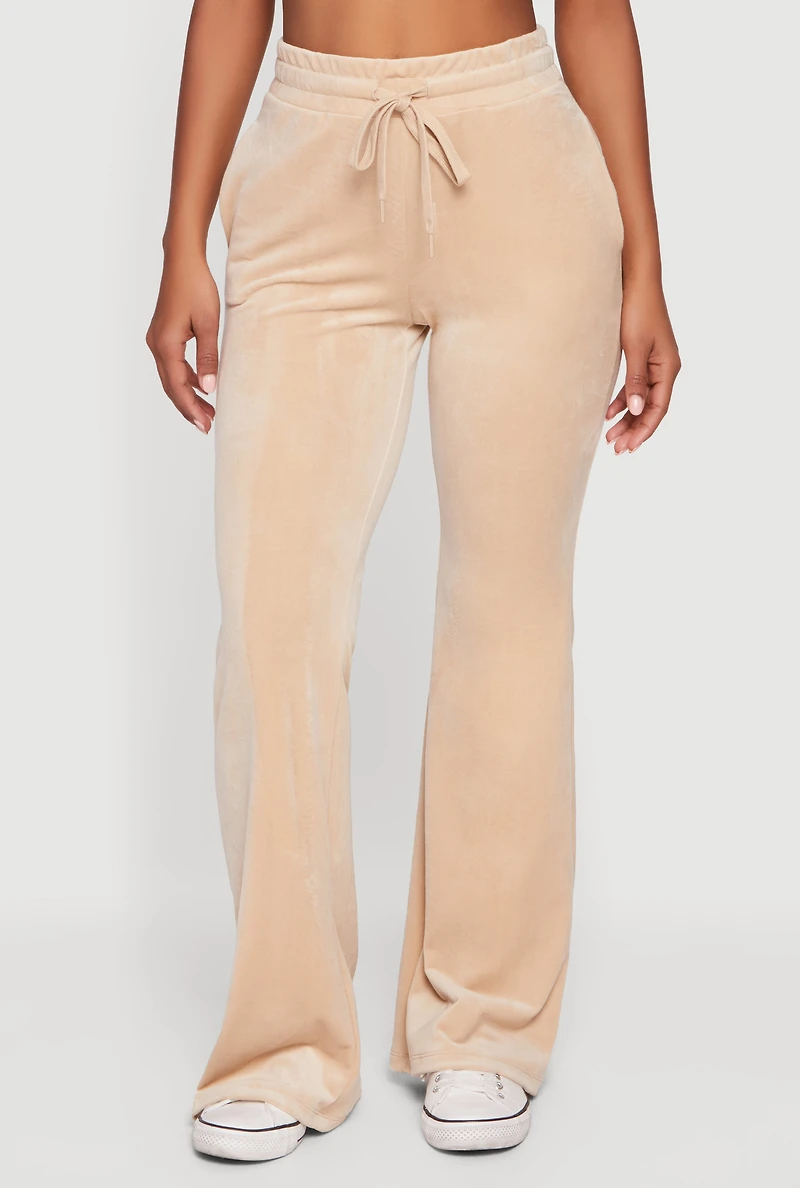 Drawstring High Waisted Velour Flare Leg Sweatpants