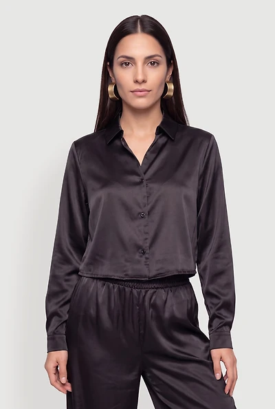 Satin Long Sleeve Button Front Boxy Shirt