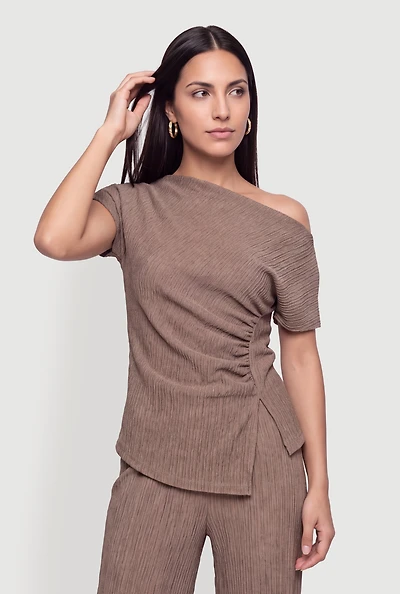 Textured Knit One Shoulder Side Ruched Blouse