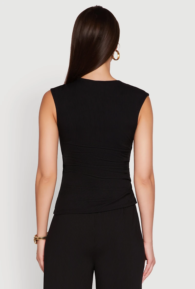 Womens Ribbed Knit Sleeveless Solid Top, Black, Size M