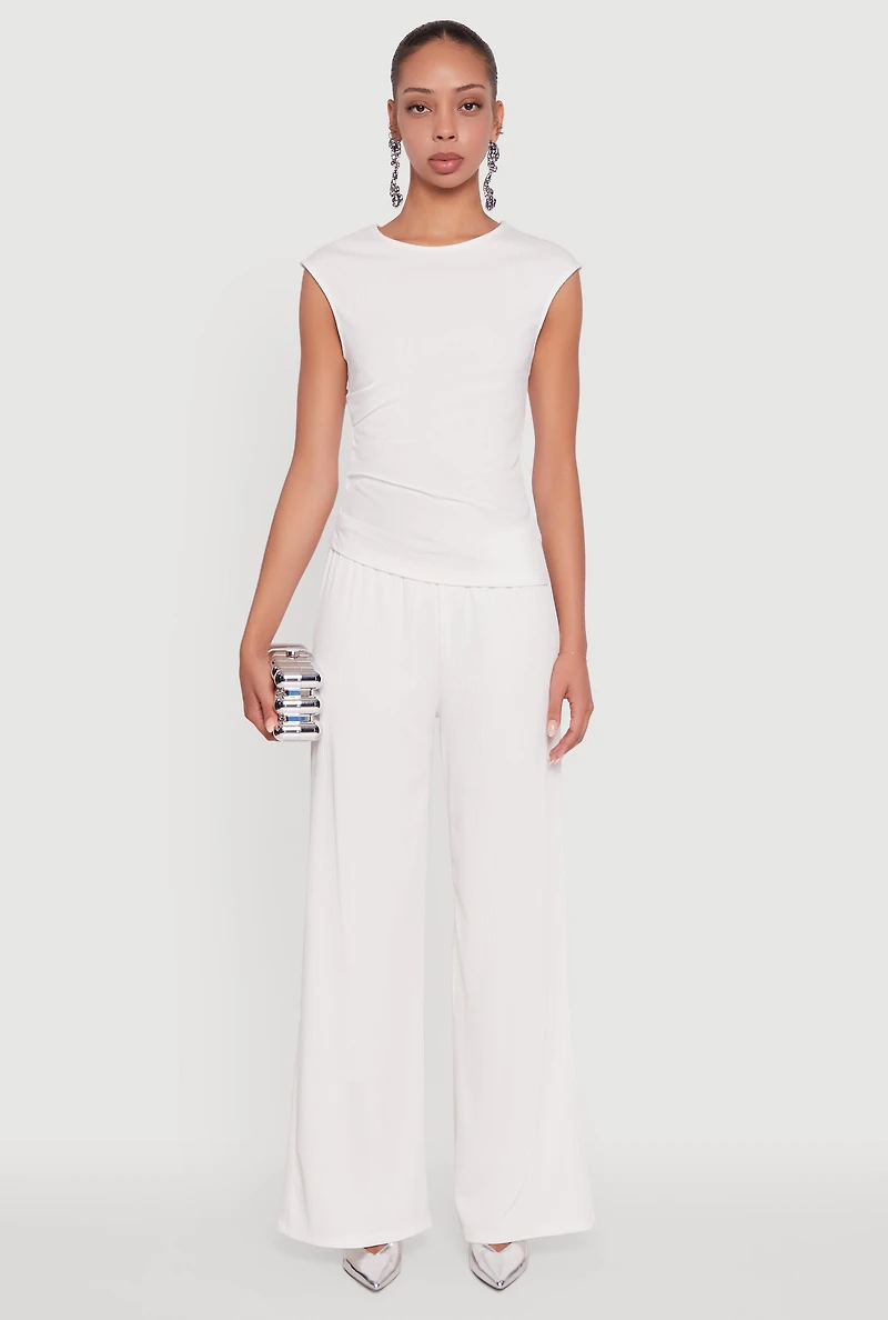 Womens Ribbed Knit Sleeveless Solid Top, White, Size M