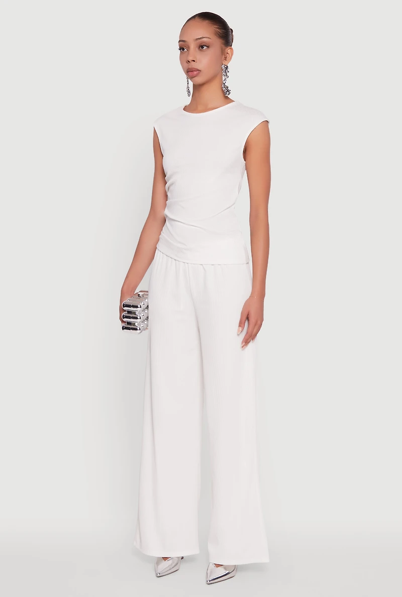Womens Ribbed Knit Sleeveless Solid Top, White, Size M