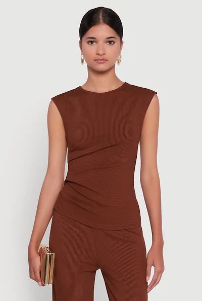 Womens Ribbed Knit Sleeveless Solid Top, Brown, Size L