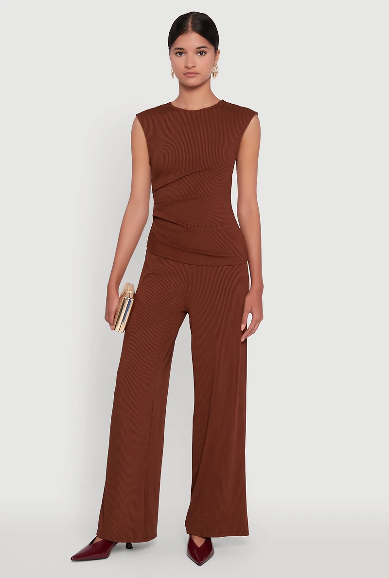 Womens Ribbed Knit Sleeveless Solid Top, Brown, Size L