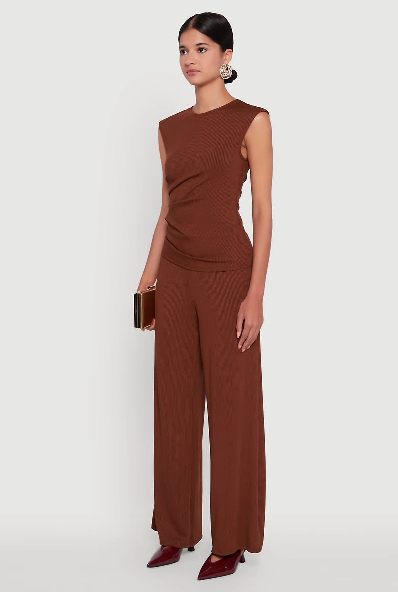 Womens Ribbed Knit Sleeveless Solid Top, Brown, Size L