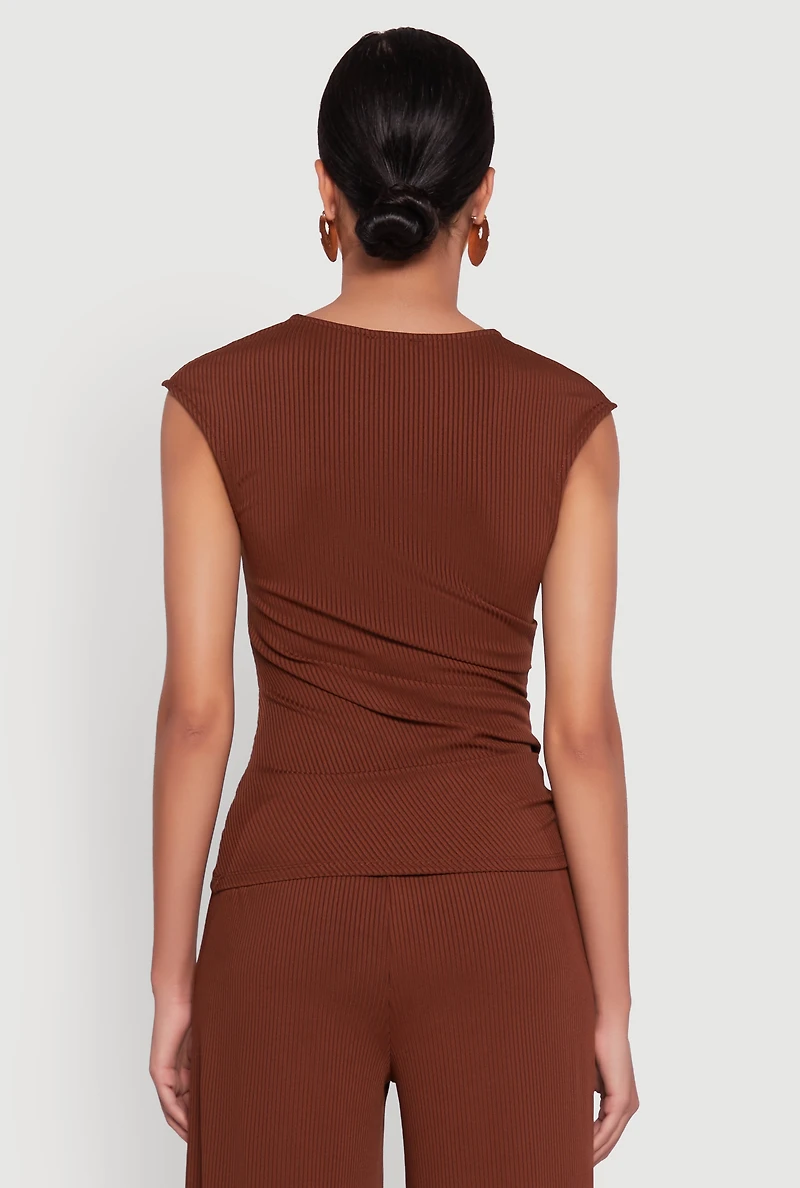 Womens Ribbed Knit Sleeveless Solid Top, Brown, Size L