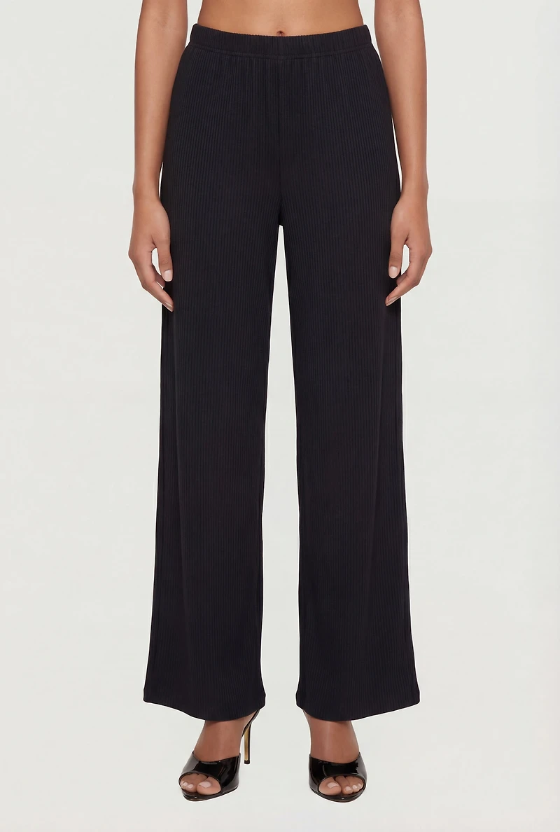 Ribbed Knit Pull On Wide Leg Pants