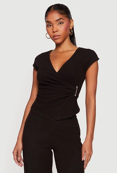 Cap Sleeve Faux Wrap Top with Metallic Pendant