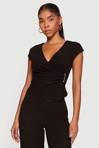 Cap Sleeve Faux Wrap Top with Metallic Pendant