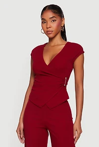 Cap Sleeve Faux Wrap Top with Metallic Pendant