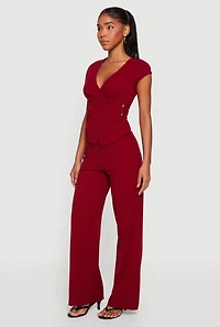 Cap Sleeve Faux Wrap Top with Metallic Pendant