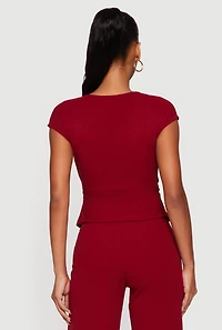 Cap Sleeve Faux Wrap Top with Metallic Pendant