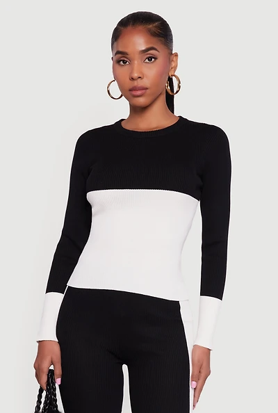 Color Blocked Ribbed Knit Long Sleeve Sweater