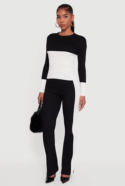 High Waisted Contrast Trim Ribbed Knit Pants